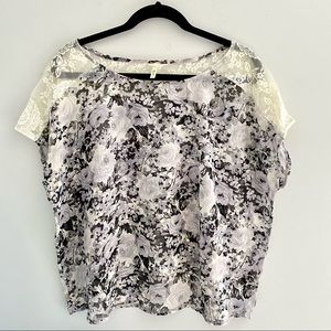 Blue Floral Chiffon & Lace Top, Medium